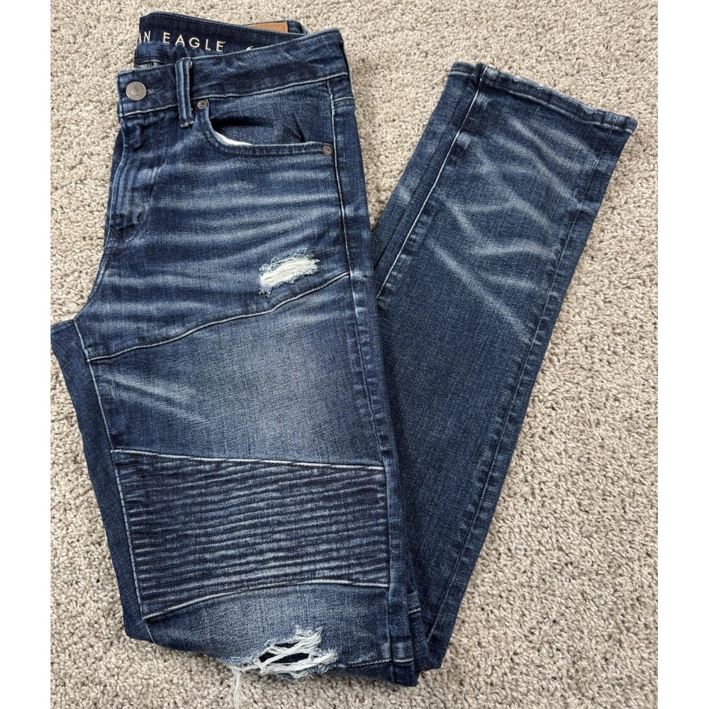 American Eagle Mens Stacked Skinny Airflex Moto Jeans Distressed Measures 32x36